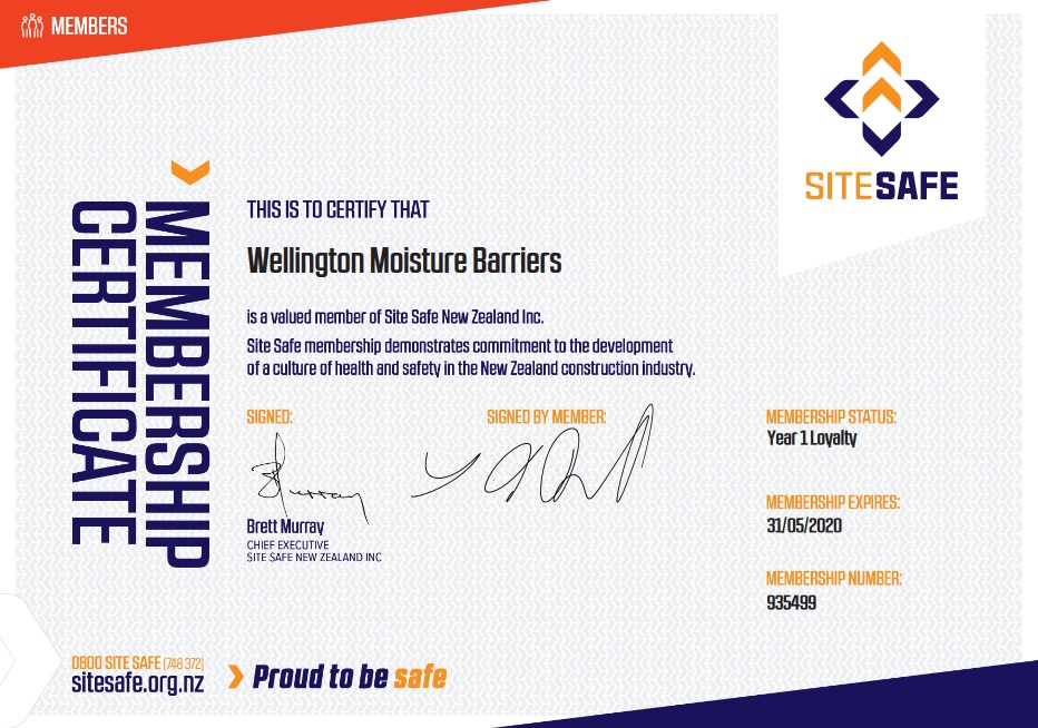 Site Safe membership certificate for Wellington Moisture Barriers
